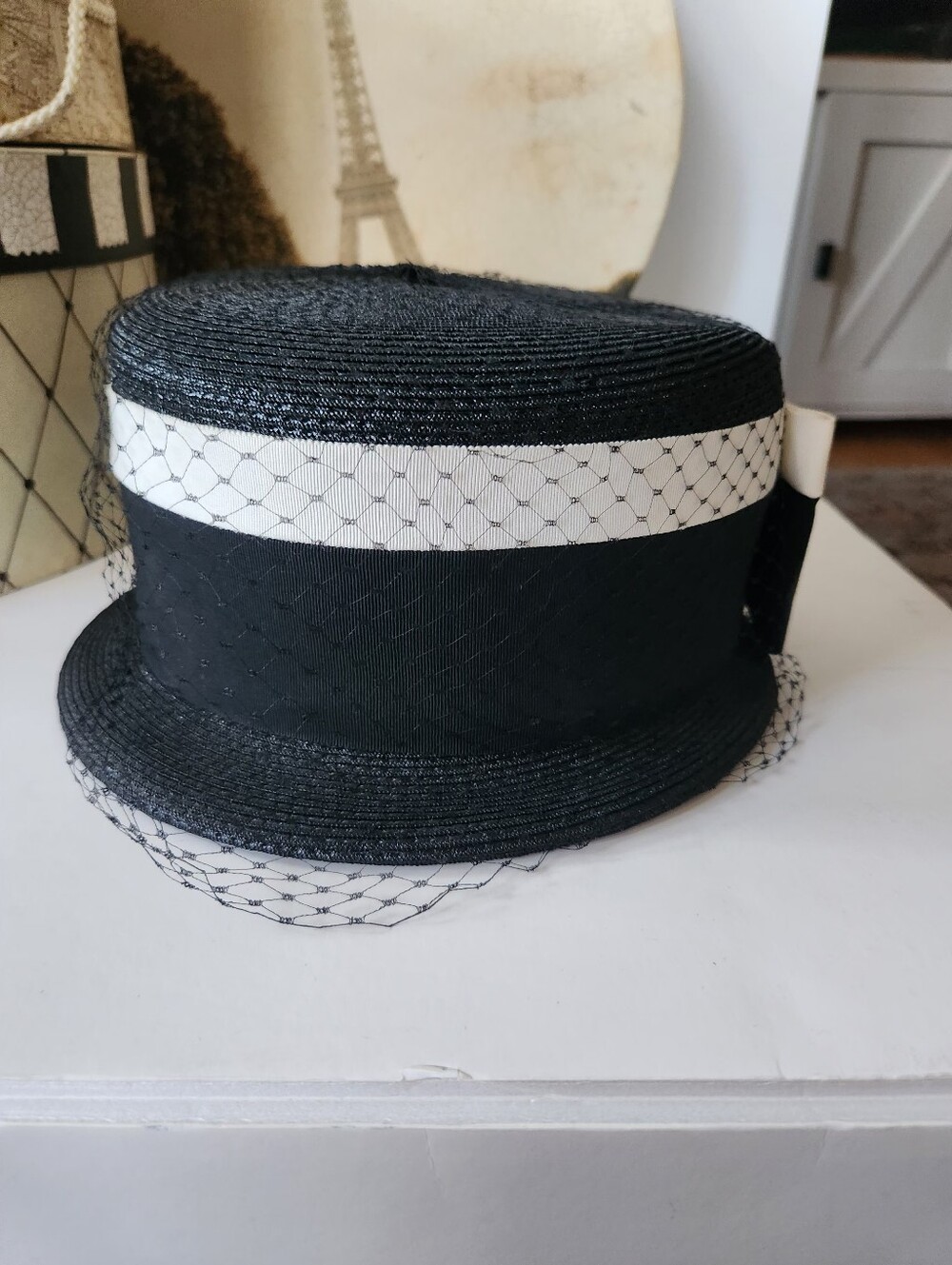 Vintage Black & White Straw Cloche Pillbox Hat with Veil | Size Medium